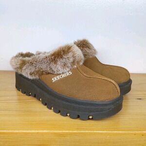 Skechers Brown Faux Fur Slip On Clogs Shindigs-Fortress Women's Size 6.5 Chunky